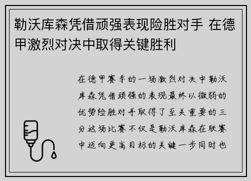 勒沃库森凭借顽强表现险胜对手 在德甲激烈对决中取得关键胜利