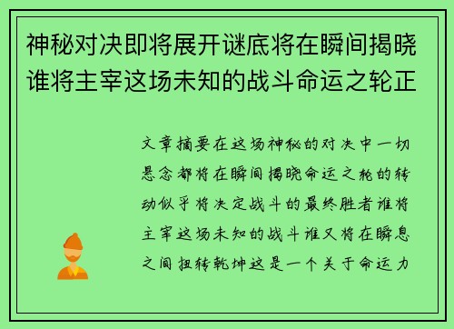 神秘对决即将展开谜底将在瞬间揭晓谁将主宰这场未知的战斗命运之轮正缓缓转动