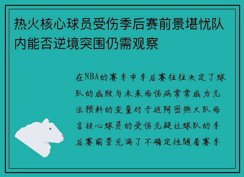 热火核心球员受伤季后赛前景堪忧队内能否逆境突围仍需观察