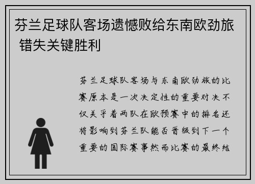 芬兰足球队客场遗憾败给东南欧劲旅 错失关键胜利