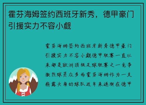 霍芬海姆签约西班牙新秀，德甲豪门引援实力不容小觑