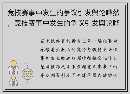 竞技赛事中发生的争议引发舆论哗然，竞技赛事中发生的争议引发舆论哗然的原因