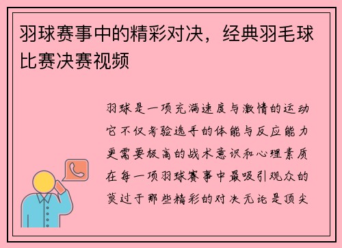 羽球赛事中的精彩对决，经典羽毛球比赛决赛视频