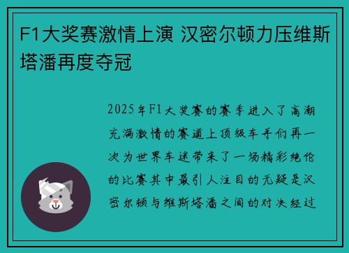 F1大奖赛激情上演 汉密尔顿力压维斯塔潘再度夺冠