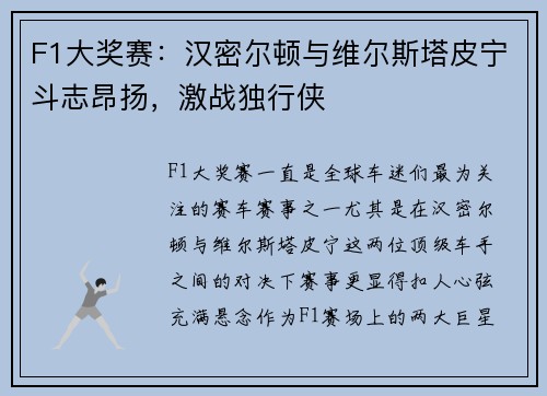 F1大奖赛：汉密尔顿与维尔斯塔皮宁斗志昂扬，激战独行侠